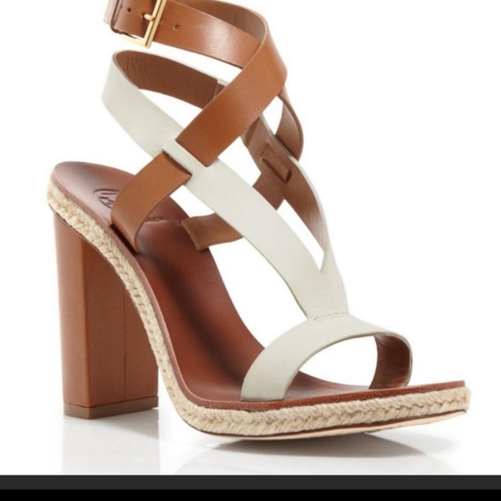 TORY BURCH espadrilles 2 Tone Leather Box Heels Sandals Sz 9M EUC